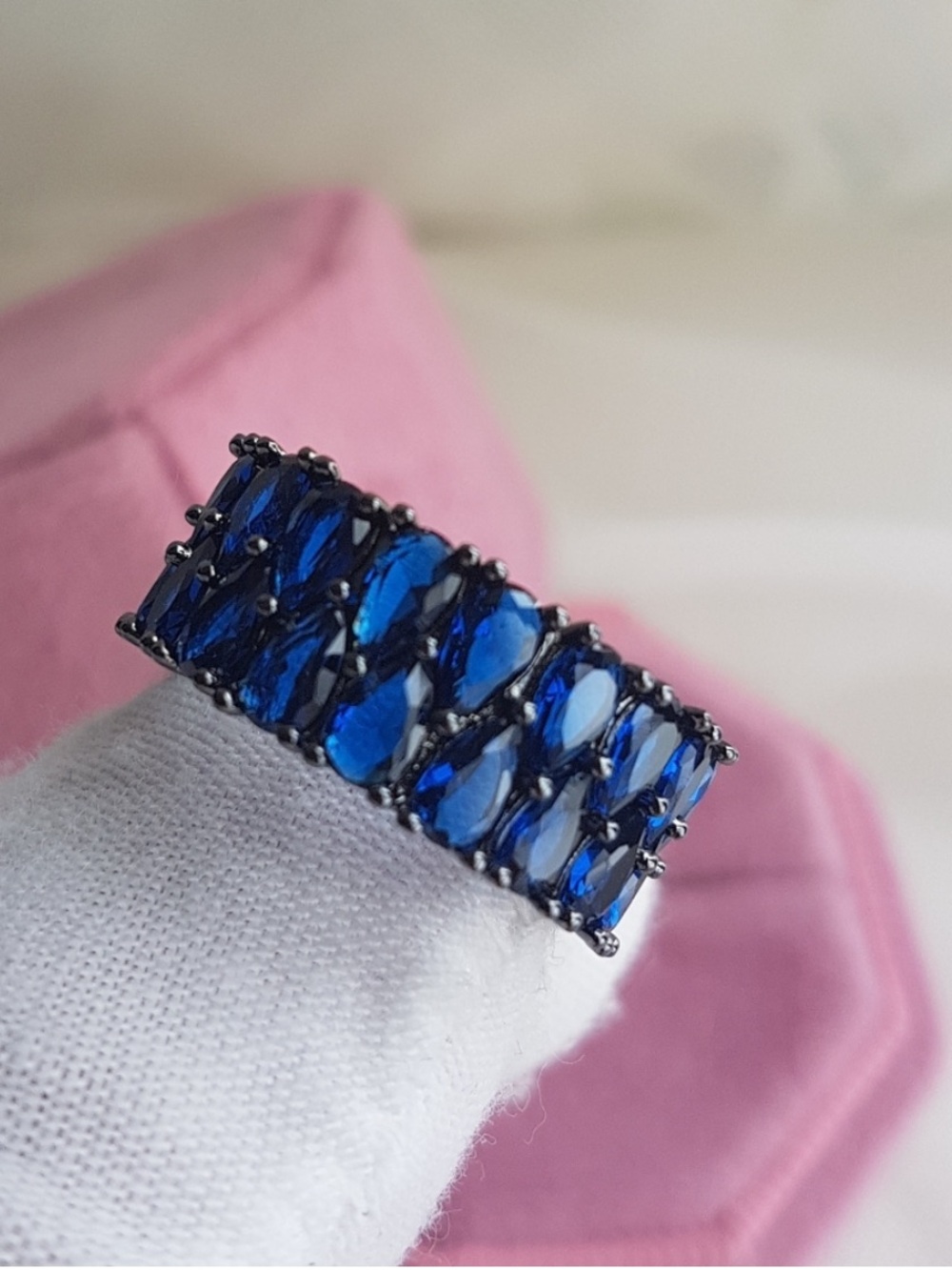 Swarovski Elements Black Finish Royal Blue Teardrop Eternity Band Ring NEW